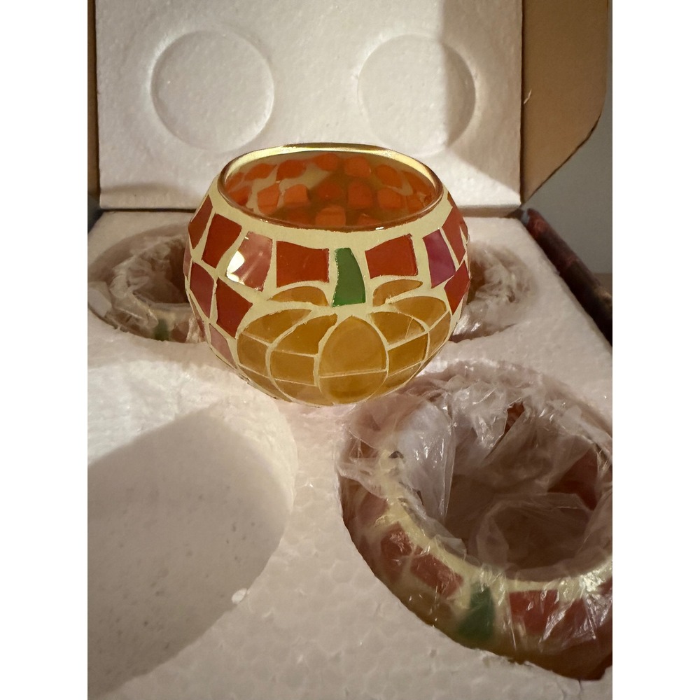 SHMILMH Mosaic Glass Pumpkin Tealight Candle Holders Set of 4 Fall Autumn Decor‎